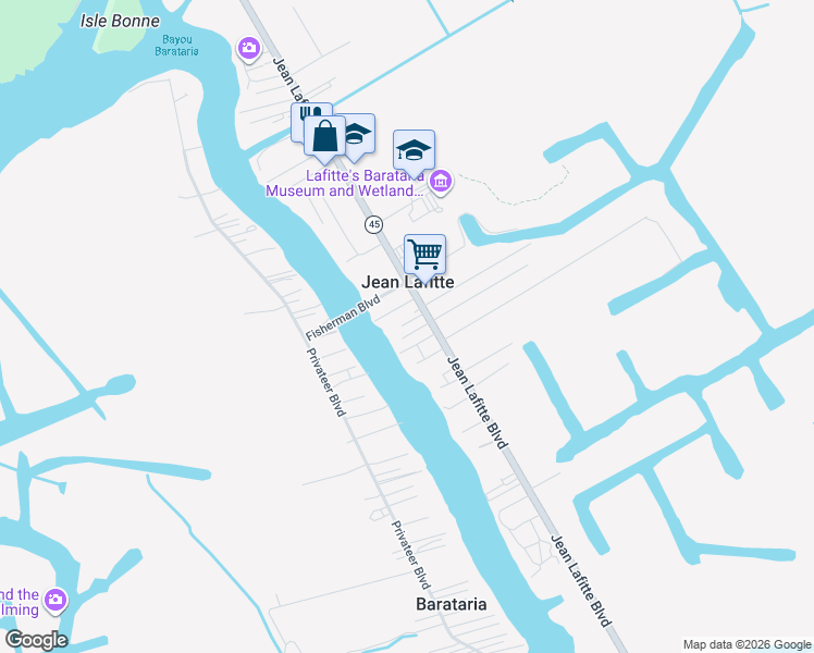 map of restaurants, bars, coffee shops, grocery stores, and more near 5146 Hatty Street in Jean Lafitte