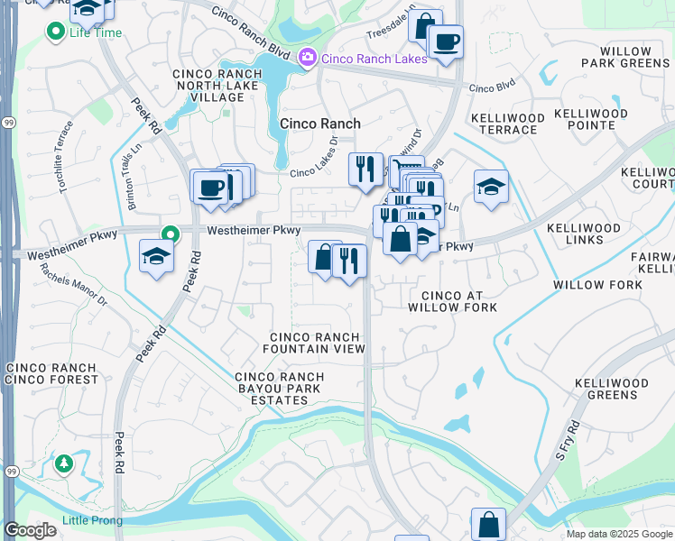map of restaurants, bars, coffee shops, grocery stores, and more near 3700 Mason Road in Katy