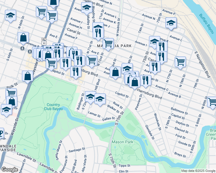map of restaurants, bars, coffee shops, grocery stores, and more near 7250 Harrisburg Boulevard in Houston