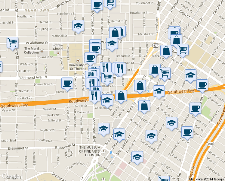 map of restaurants, bars, coffee shops, grocery stores, and more near 4406 Greeley Street in Houston