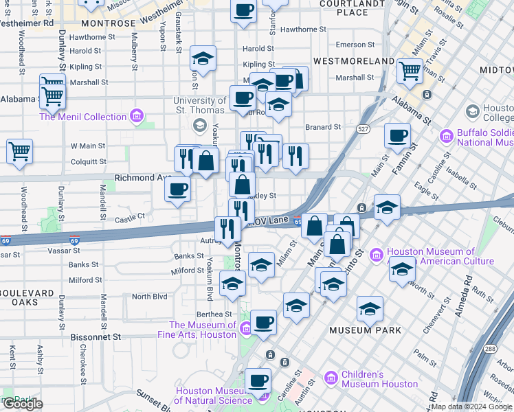 map of restaurants, bars, coffee shops, grocery stores, and more near 4411 Roseland Street in Houston