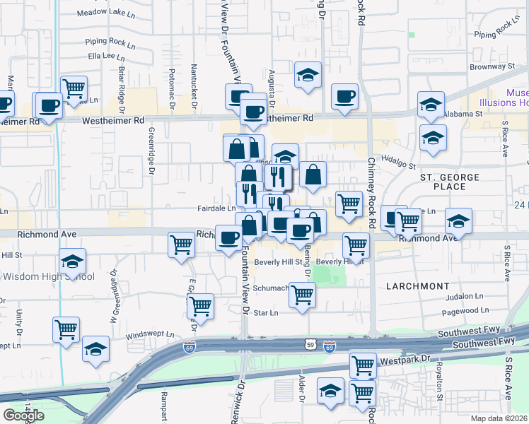 map of restaurants, bars, coffee shops, grocery stores, and more near 5905 Fairdale Lane in Houston