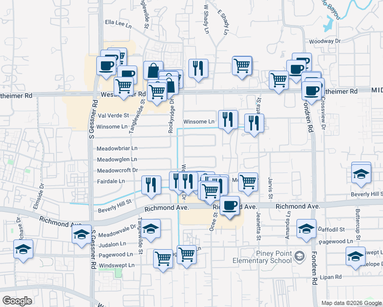 map of restaurants, bars, coffee shops, grocery stores, and more near 9407 Meadowbriar Lane in Houston