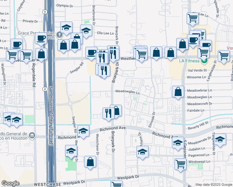 map of restaurants, bars, coffee shops, grocery stores, and more near in Houston