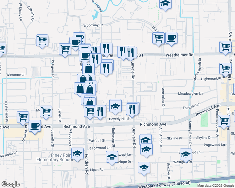map of restaurants, bars, coffee shops, grocery stores, and more near 3030 Dunvale Road in Houston