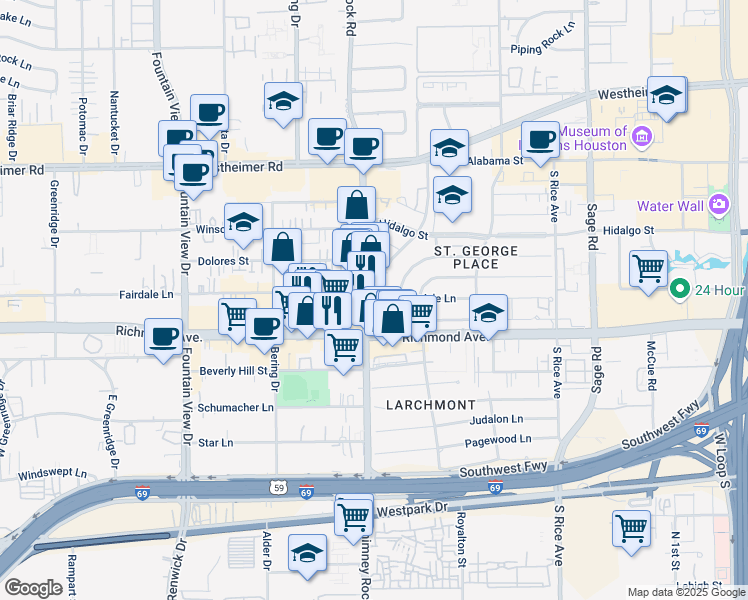 map of restaurants, bars, coffee shops, grocery stores, and more near 3111 Chimney Rock Road in Houston