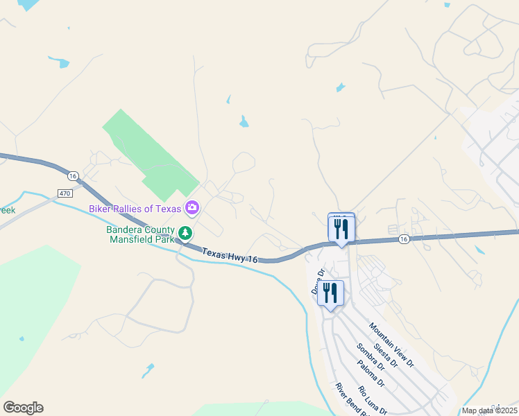 map of restaurants, bars, coffee shops, grocery stores, and more near 355 Wa Mansfield Lane in Bandera