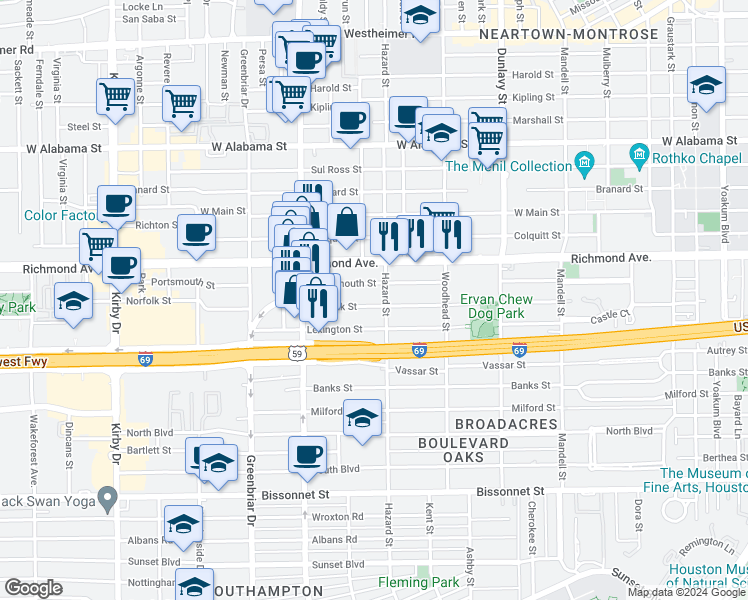 map of restaurants, bars, coffee shops, grocery stores, and more near 1912 Norfolk Street in Houston