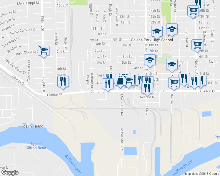 map of restaurants, bars, coffee shops, grocery stores, and more near 2203 Clinton Drive in Galena Park
