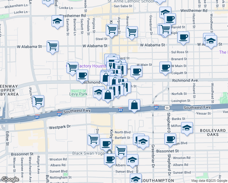 map of restaurants, bars, coffee shops, grocery stores, and more near 3701 Kirby Drive in Houston