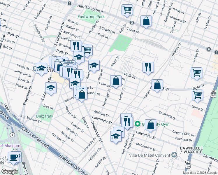 map of restaurants, bars, coffee shops, grocery stores, and more near 5146 Leeland Street in Houston