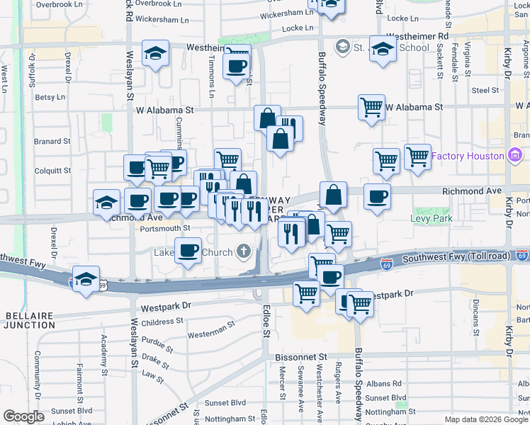 map of restaurants, bars, coffee shops, grocery stores, and more near in Houston