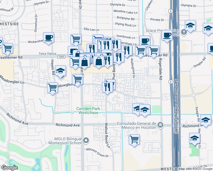 map of restaurants, bars, coffee shops, grocery stores, and more near 10922 Meadowglen Lane in Houston