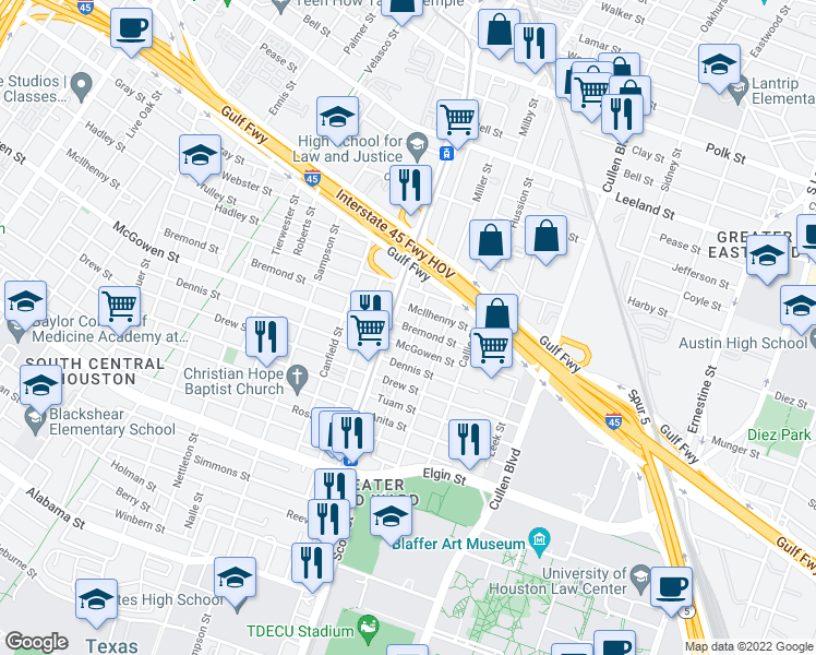 map of restaurants, bars, coffee shops, grocery stores, and more near 3519 Bremond St in Houston