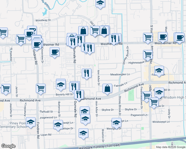 map of restaurants, bars, coffee shops, grocery stores, and more near 8102 Morning Melody Drive in Houston