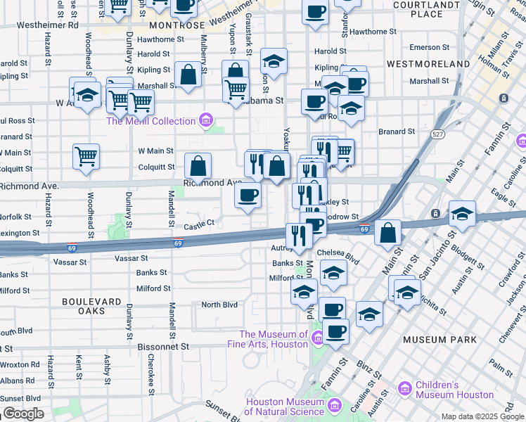 map of restaurants, bars, coffee shops, grocery stores, and more near 4414 Mount Vernon Street in Houston