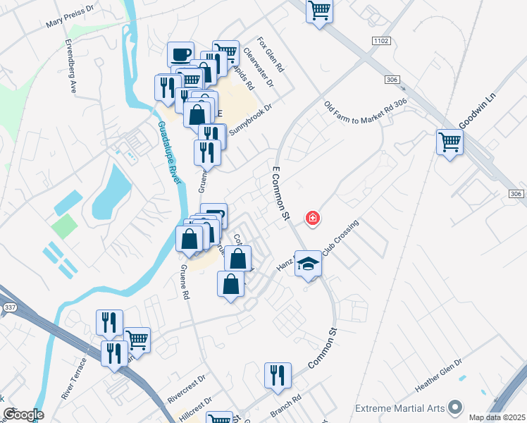 map of restaurants, bars, coffee shops, grocery stores, and more near 2293 Common Street in New Braunfels
