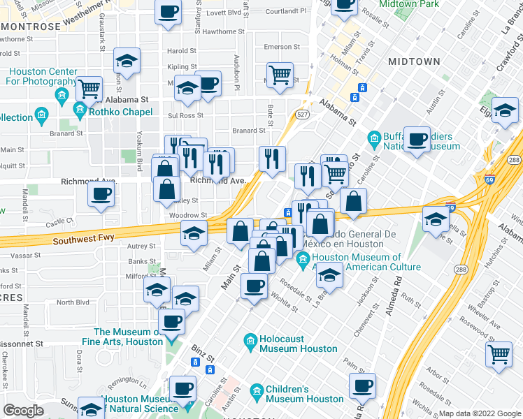 map of restaurants, bars, coffee shops, grocery stores, and more near 255 Garrott Street in Houston