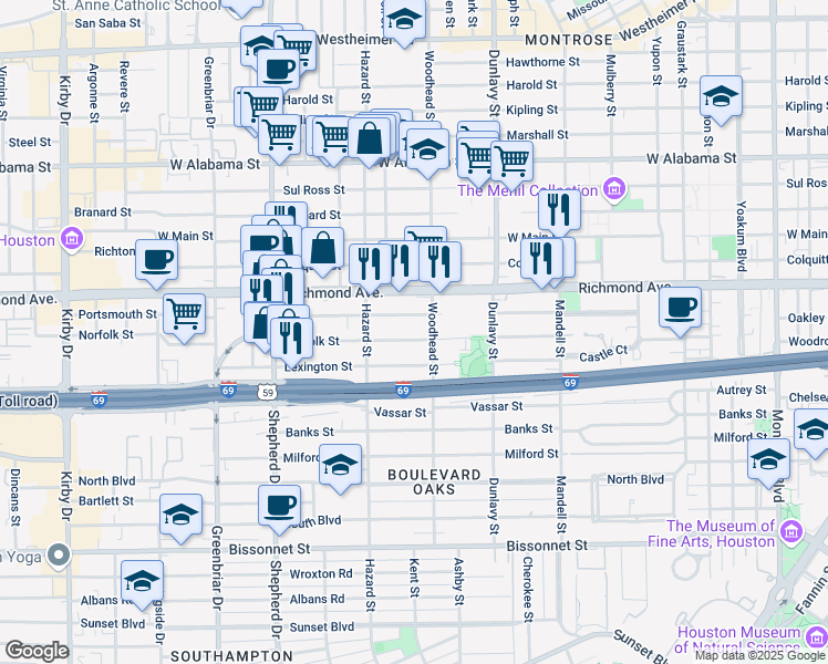 map of restaurants, bars, coffee shops, grocery stores, and more near 1804 Norfolk Street in Houston