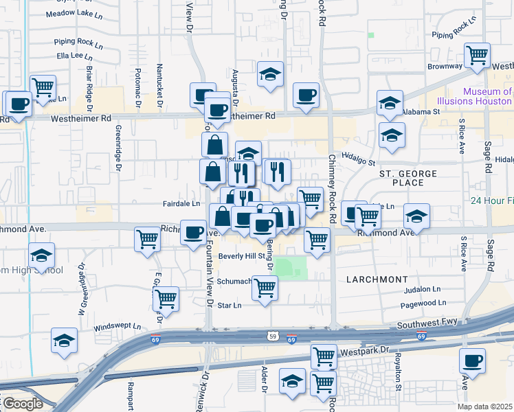map of restaurants, bars, coffee shops, grocery stores, and more near 5812 Fairdale Lane in Houston