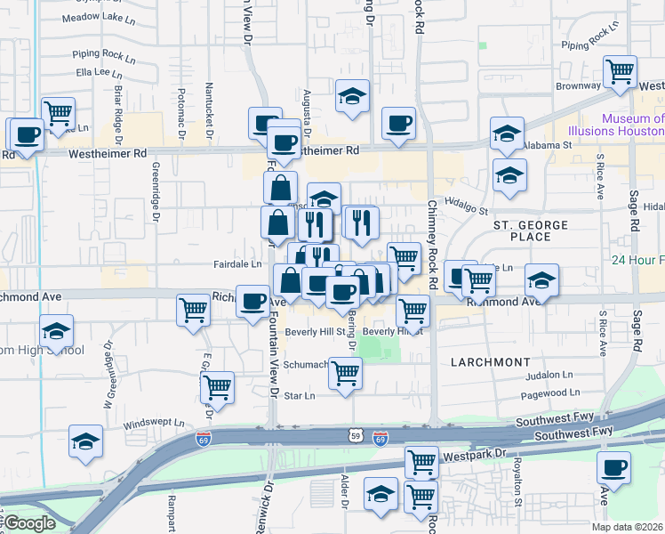 map of restaurants, bars, coffee shops, grocery stores, and more near 5812 Fairdale Lane in Houston