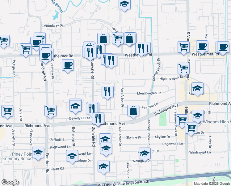 map of restaurants, bars, coffee shops, grocery stores, and more near 8102 Morning Melody Drive in Houston