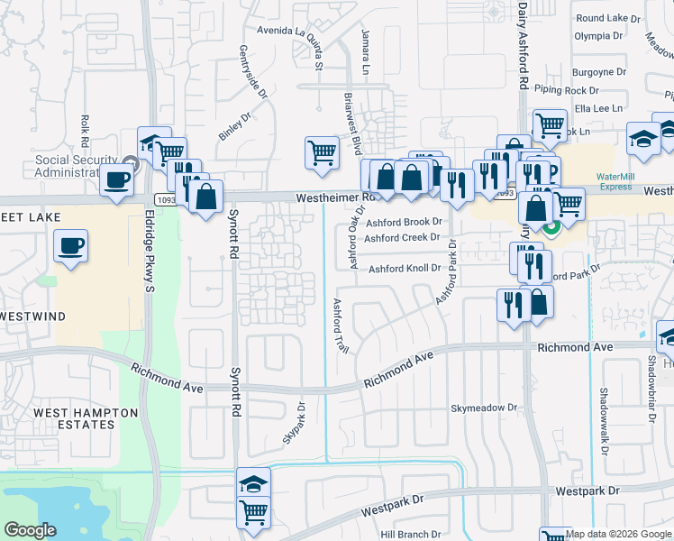 map of restaurants, bars, coffee shops, grocery stores, and more near 2819 Ashford Trail Drive in Houston