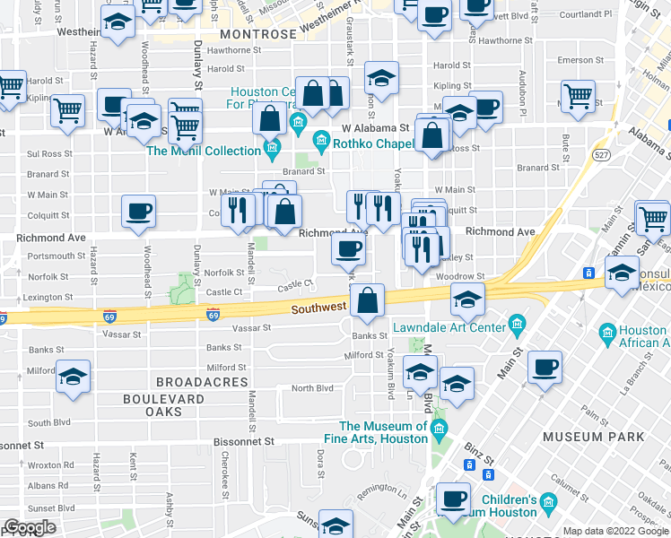 map of restaurants, bars, coffee shops, grocery stores, and more near 1312 Castle Court in Houston