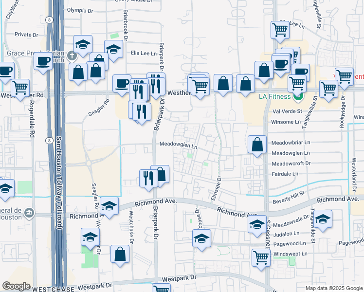 map of restaurants, bars, coffee shops, grocery stores, and more near 9851 Meadowglen Lane in Houston