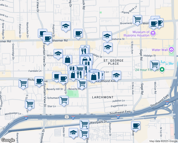 map of restaurants, bars, coffee shops, grocery stores, and more near 3111 Chimney Rock Road in Houston