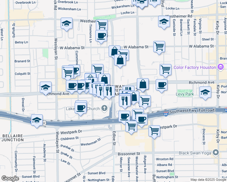 map of restaurants, bars, coffee shops, grocery stores, and more near Richmond Ave & Edloe St in Houston
