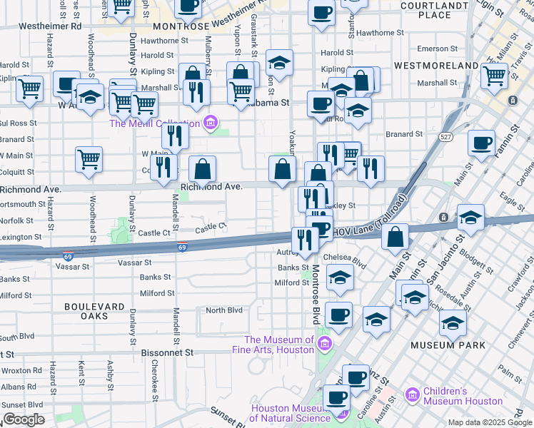 map of restaurants, bars, coffee shops, grocery stores, and more near 1208 Miramar Street in Houston