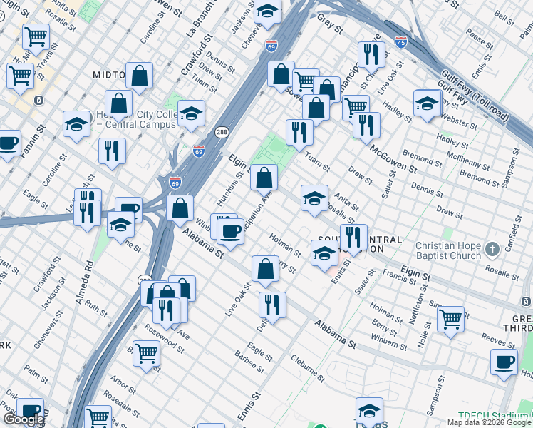 map of restaurants, bars, coffee shops, grocery stores, and more near 2406 Francis Street in Houston