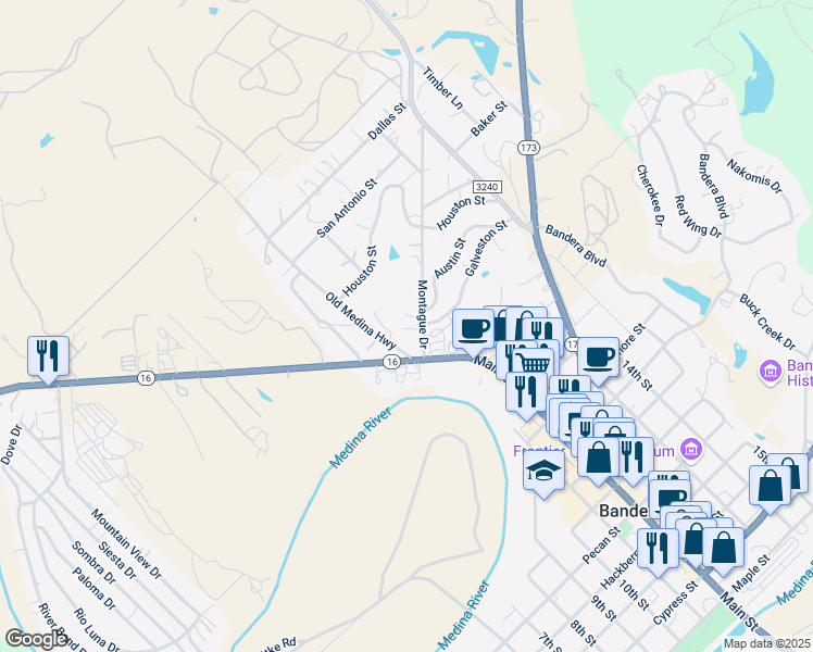 map of restaurants, bars, coffee shops, grocery stores, and more near 800 Montague Drive in Bandera