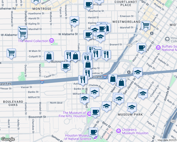 map of restaurants, bars, coffee shops, grocery stores, and more near 4409 Montrose Boulevard in Houston