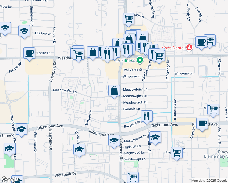 map of restaurants, bars, coffee shops, grocery stores, and more near 3030 South Gessner Road in Houston