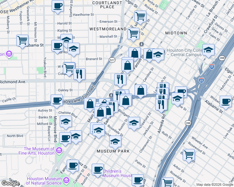 map of restaurants, bars, coffee shops, grocery stores, and more near Fannin Street in Houston