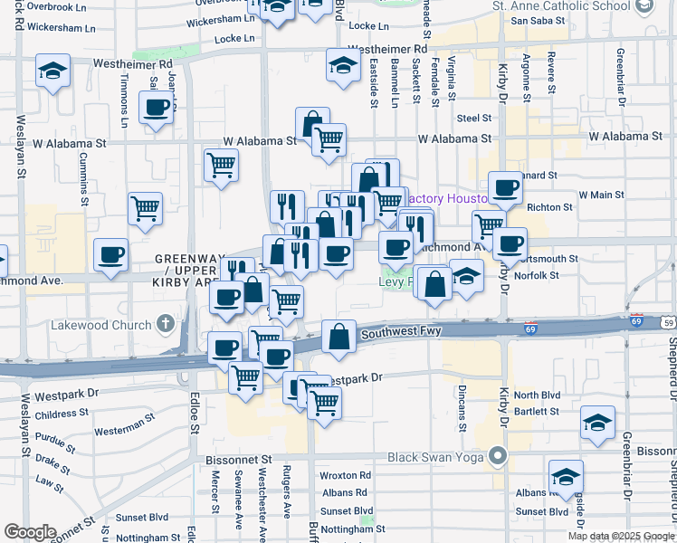 map of restaurants, bars, coffee shops, grocery stores, and more near 10 Portsmouth Street in Houston