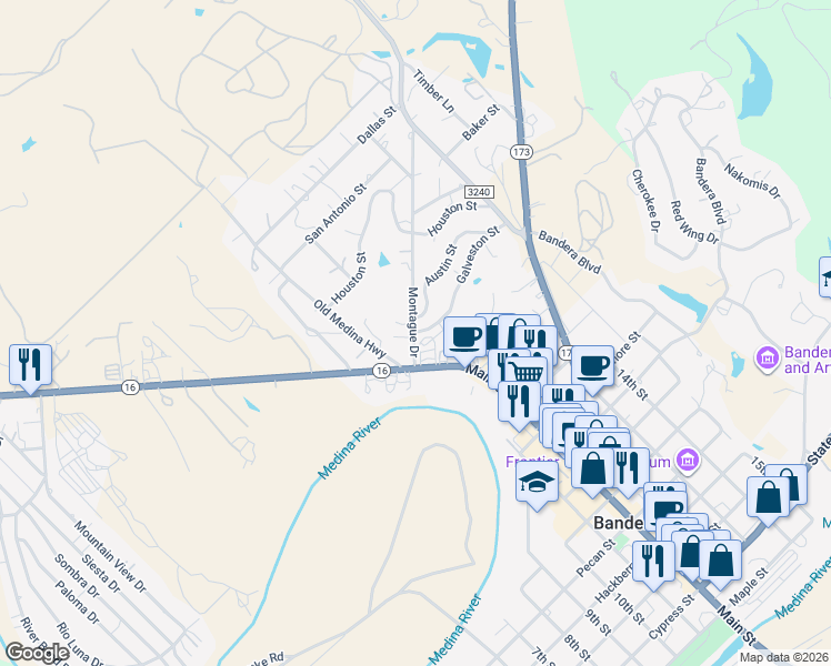 map of restaurants, bars, coffee shops, grocery stores, and more near 204 Galveston St in Bandera