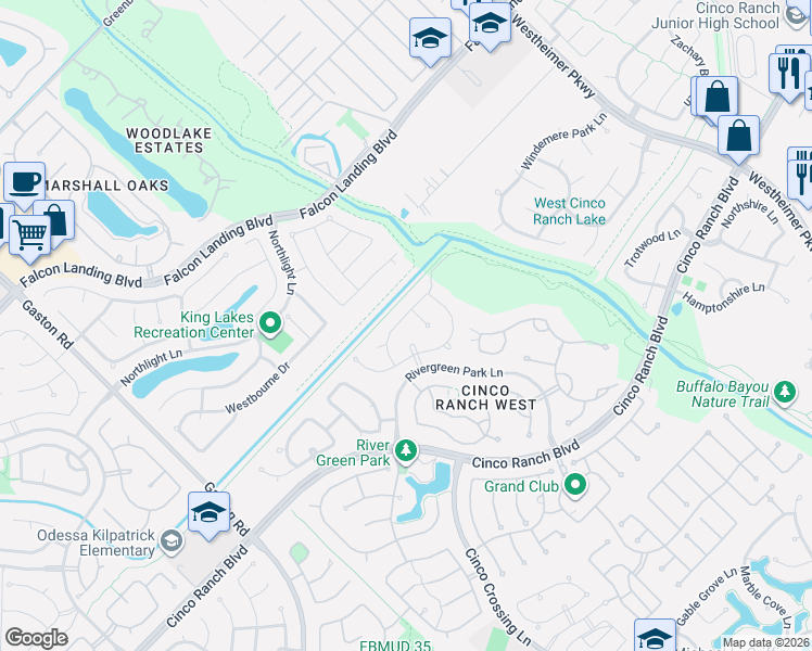 map of restaurants, bars, coffee shops, grocery stores, and more near 25511 Merrimac Trace Court in Katy