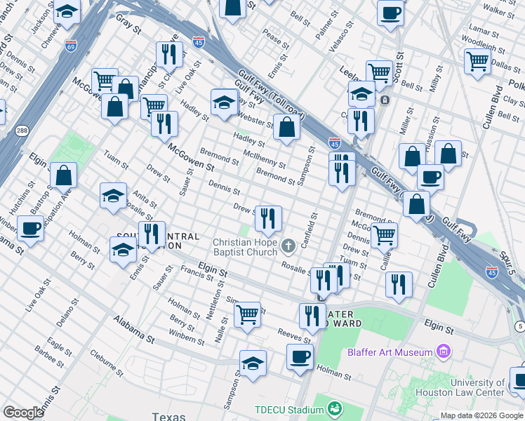 map of restaurants, bars, coffee shops, grocery stores, and more near 2713 Tierwester Street in Houston