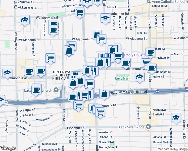 map of restaurants, bars, coffee shops, grocery stores, and more near 3333 Richmond Avenue in Houston