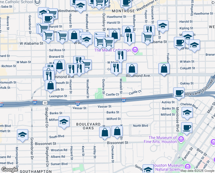 map of restaurants, bars, coffee shops, grocery stores, and more near 1648 Norfolk Street in Houston