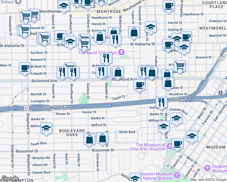map of restaurants, bars, coffee shops, grocery stores, and more near 4411 Castle Court Place in Houston