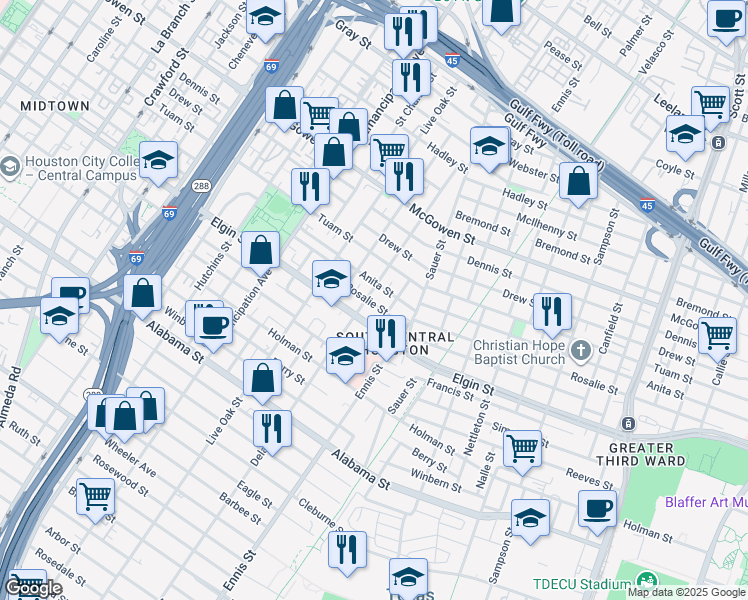 map of restaurants, bars, coffee shops, grocery stores, and more near 3011 Delano Street in Houston