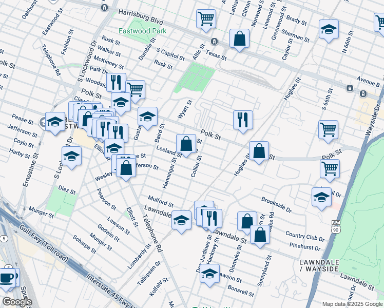 map of restaurants, bars, coffee shops, grocery stores, and more near 5235 Leeland Street in Houston