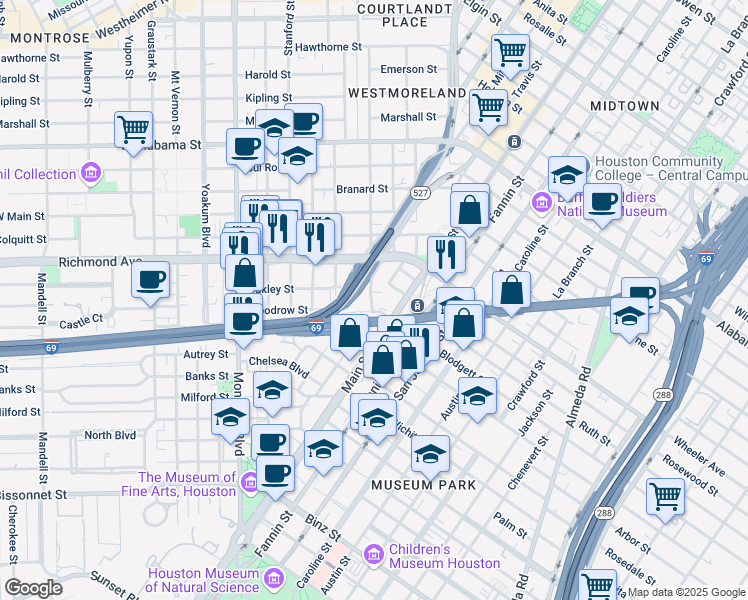 map of restaurants, bars, coffee shops, grocery stores, and more near 255 Garrott Street in Houston