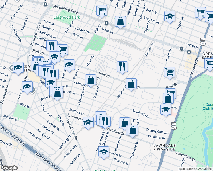 map of restaurants, bars, coffee shops, grocery stores, and more near 5331 Bell Street in Houston