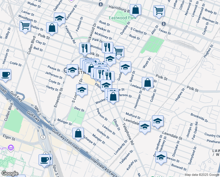 map of restaurants, bars, coffee shops, grocery stores, and more near 1021 Telephone Road in Houston