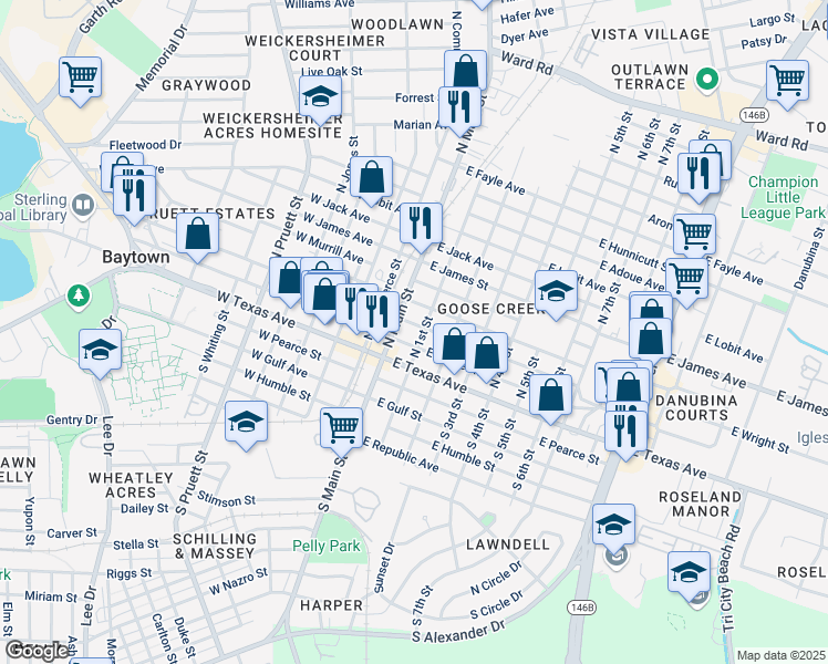 map of restaurants, bars, coffee shops, grocery stores, and more near 21 East Sterling Avenue in Baytown